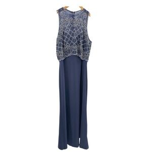 Cachet Evening Dress Beaded Mesh Overlay Navy Size 8‎ Excellent